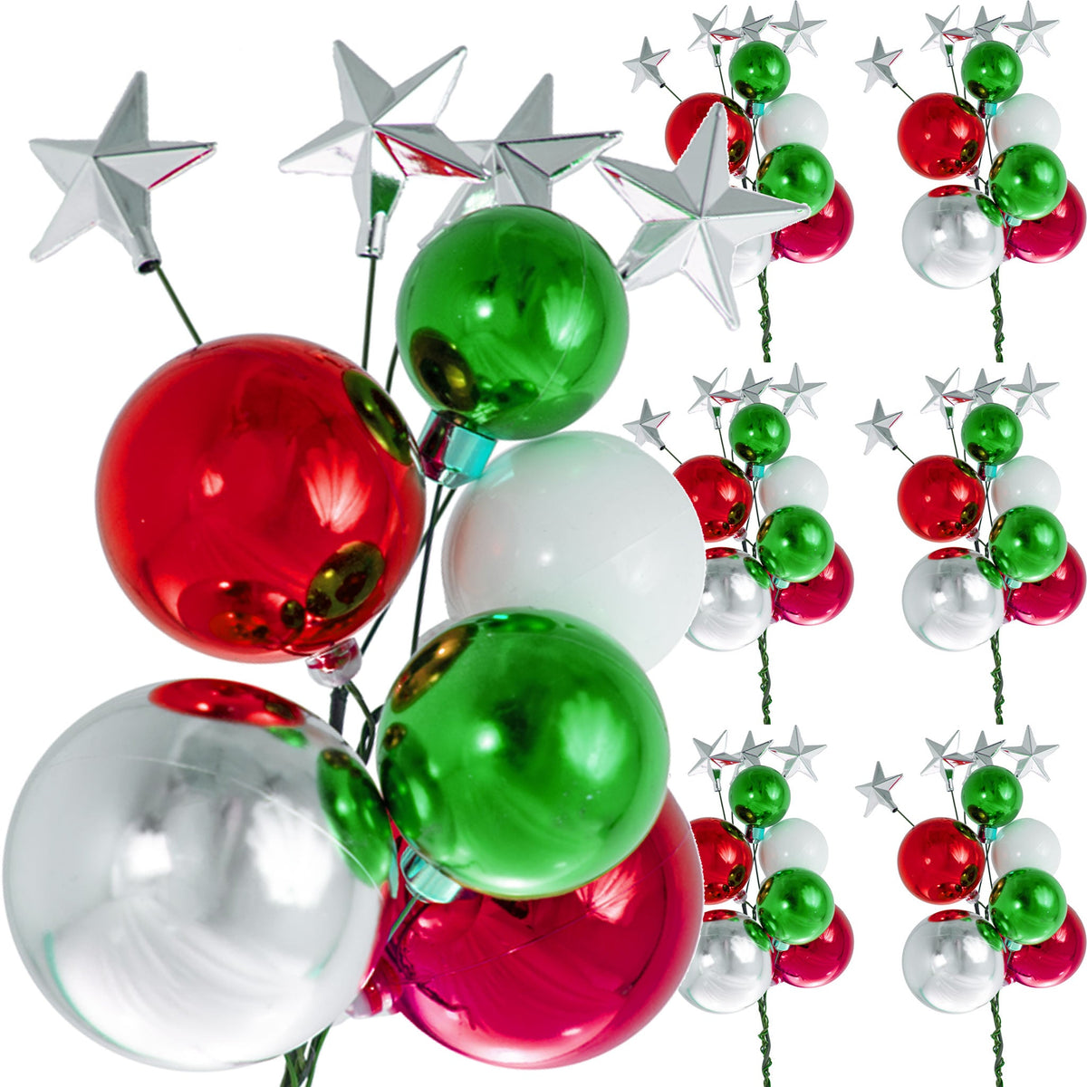 The Hayward Christmas Ball Clusters with Shiny Red, Green, and Silver Ornaments are sold in sets of 6 from Lee Display