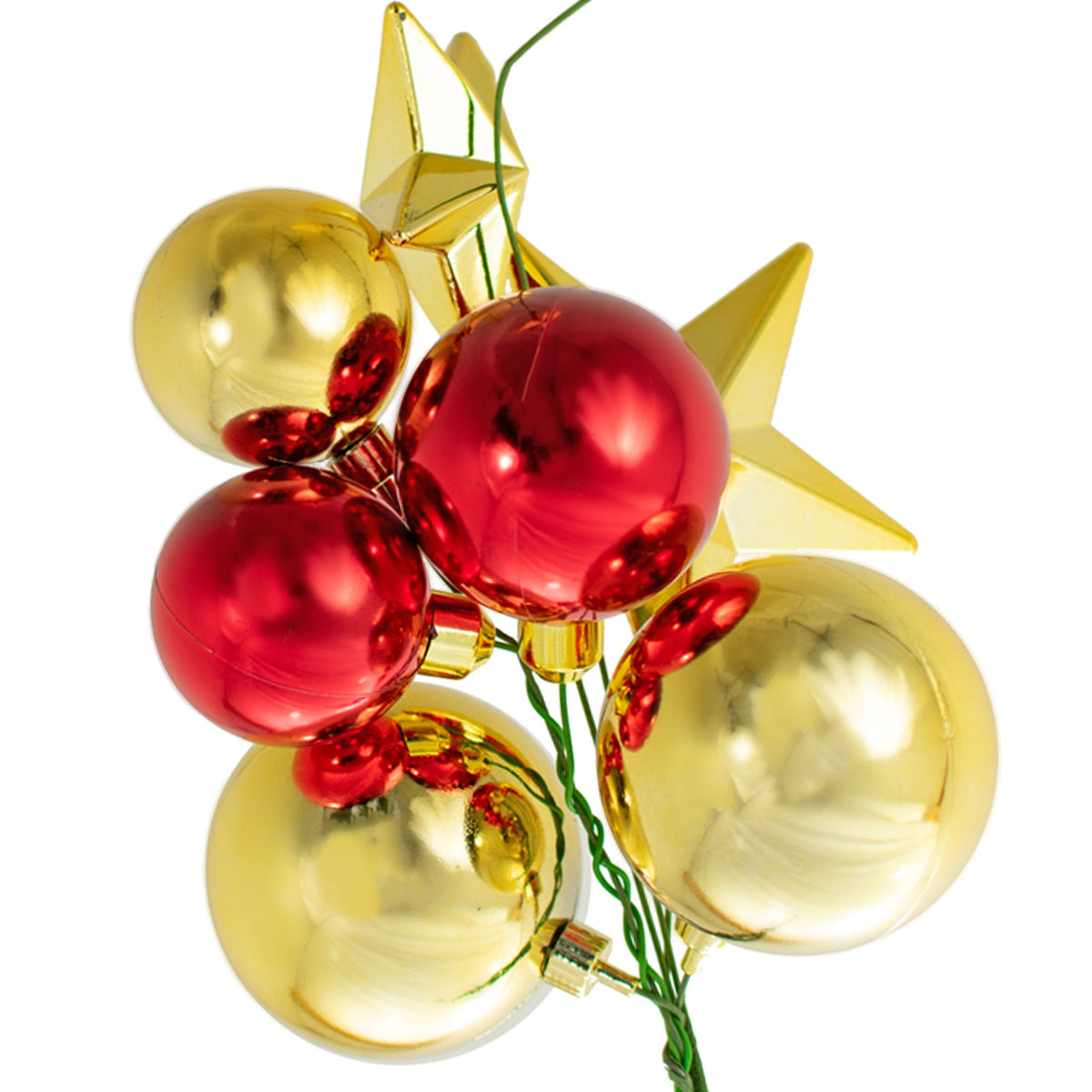 Colors include:  2 - Shiny Red Ball Ornaments (60MM & 50MM) 3 - Shiny Gold Ball Ornaments (70MM & 50MM) 3 - Shiny Gold Stars
