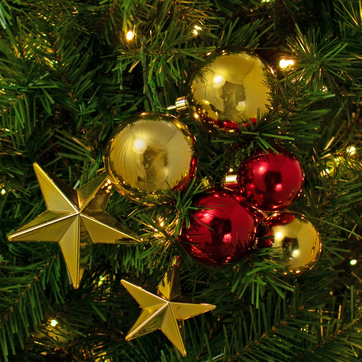 Classic Christmas Ball Clusters with Shiny Gold & Red Ornaments & Gold Stars are beautiful for decorating your Christmas Trees, Garlands, and Wreaths