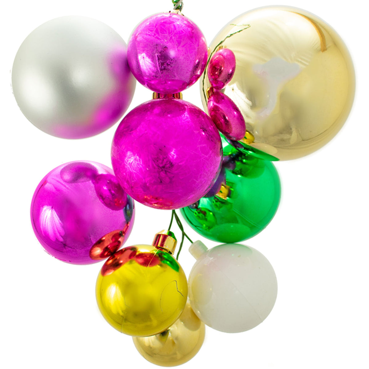 Colors include:  1 - Shiny Pink Ball Ornaments (70MM) 2 - Galvanized Pink Ball Ornaments (70MM & 50MM) 1 - Matte Silver Ball Ornament (80MM) 3 - Shiny Gold Ball Ornaments (100MM, 60MM, 50MM) 1 - Matte White Ball Ornament (60MM) 1 - Shiny Green Ball Ornament (70MM)