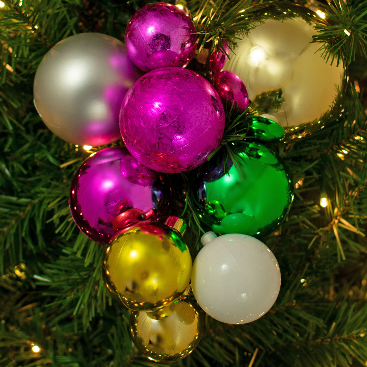 The San Francisco Christmas Ball Clusters with Shiny Multi-Color Ornaments will make your Christmas Trees, Garlands, and Wreaths beautiful this holiday season