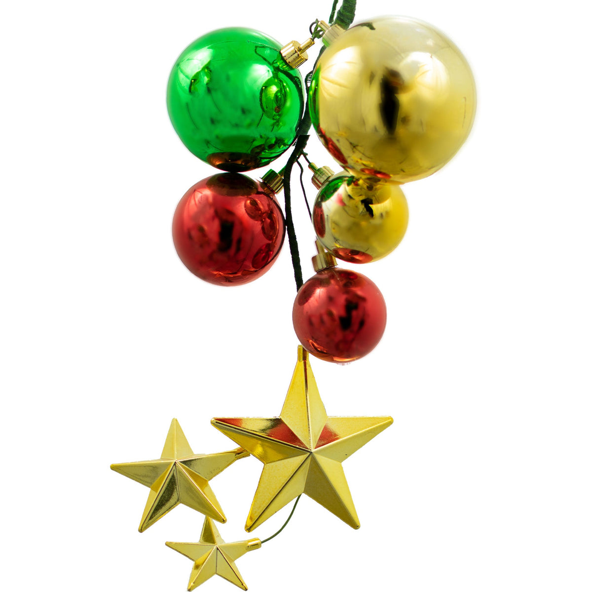Colors include:  2 - Shiny Red Ball Ornaments (60MM & 50MM) 2 - Shiny Gold Ball Ornaments (80MM & 50MM) 1 - Shiny Green Ball Ornament (70MM) 3 - Shiny Gold Stars