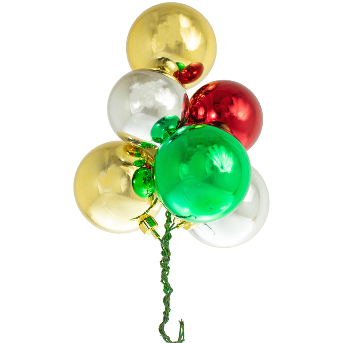 Colors include:  2 - Shiny Gold Ball Ornaments (70MM) 2 - Shiny Silver Ball Ornaments (70MM & 60MM) 1 - Matte Silver Ball Ornament (50MM) 1 - Shiny Green Ball Ornament (70MM) 1 - Shiny Red Ball Ornament (60MM)