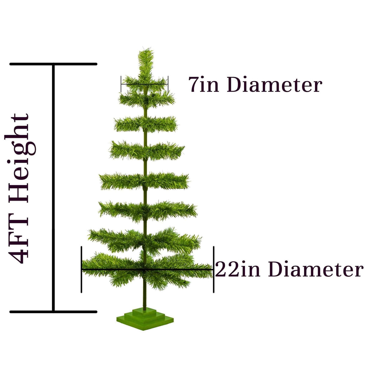 Size dimensions of the 4ft tree.  48in Alpine Green Tinsel Christmas Tree sold at leedisplay.com