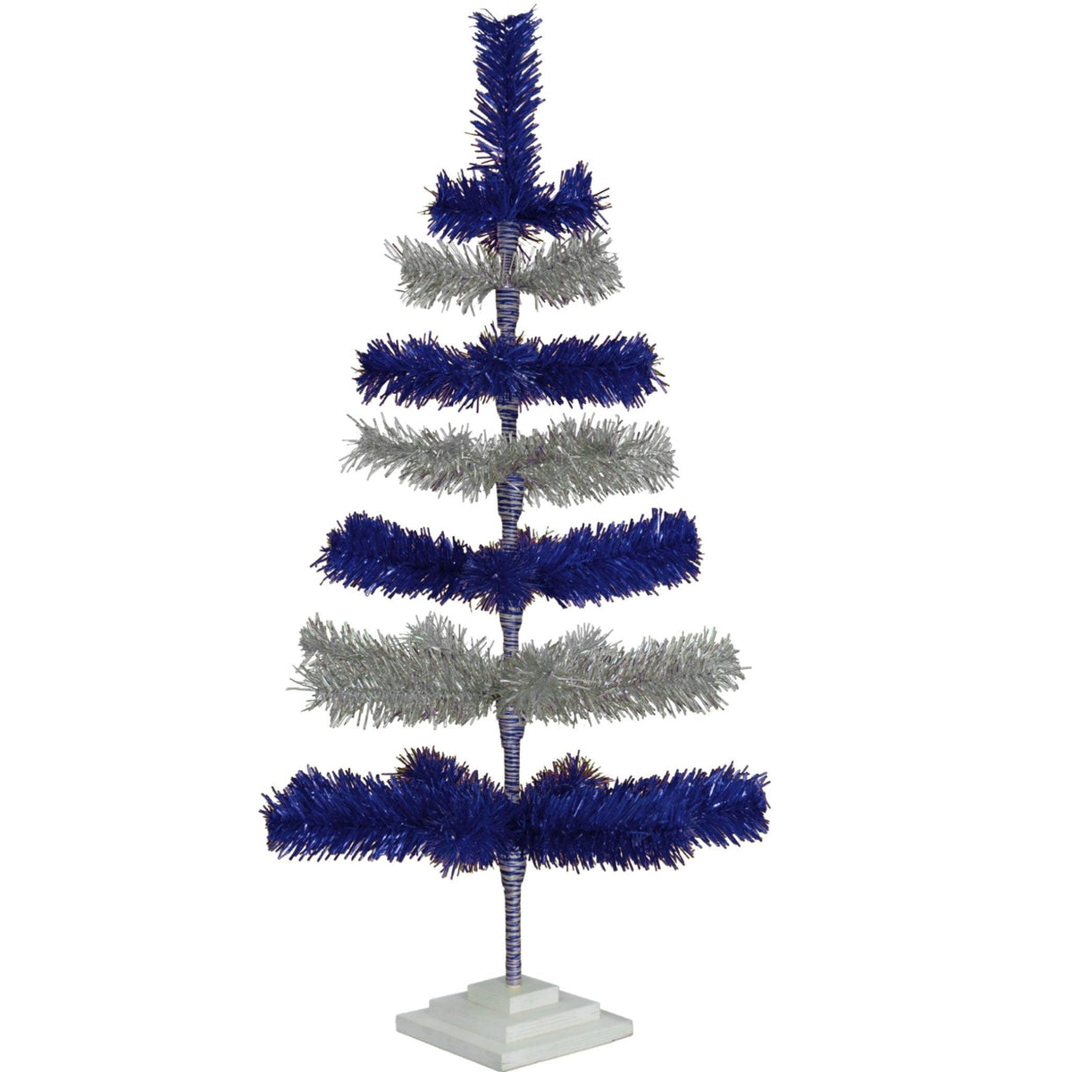 Metallic Blue and Shiny Silver Layered Tinsel Christmas Trees!    Decorate for the holidays with a Silver and Blue retro-style Christmas Tree.  Shop now at leedisplay.com