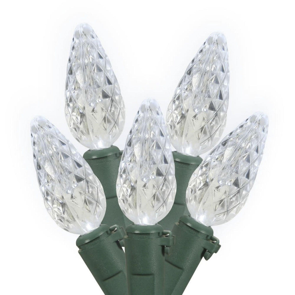 Purchase a brand new set of Lee Display's C6 LED Clear Cool White Christmas String Lights with Green Wire.  Energy-efficient lighting for outdoor use