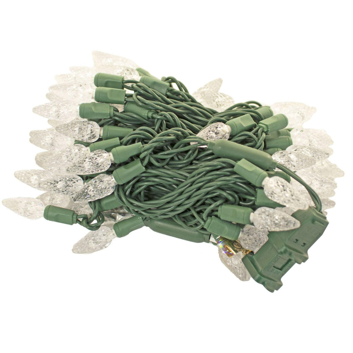 Purchase a brand new 70 Light set of Lee Display's C6 LED Clear Warm White Christmas String Lights with Green Wire.  Energy-efficient lighting for outdoor use