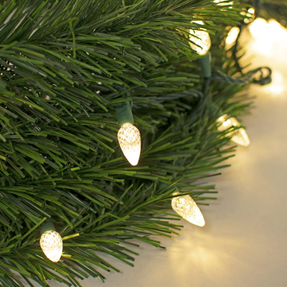 Purchase a brand new set of Lee Display's C6 LED Clear Warm White Christmas String Lights with Green Wire.  Energy-efficient lighting for outdoor use