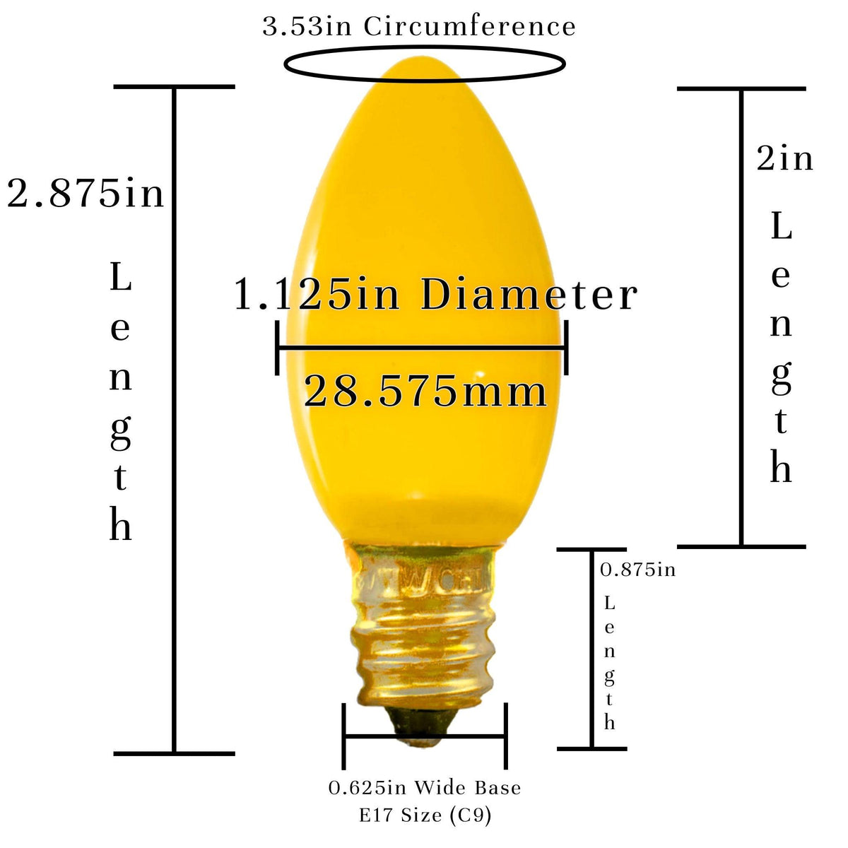 Size of a C9 Candelabra Style Solid Ceramic Multicolor Light Bulb from Lee Display