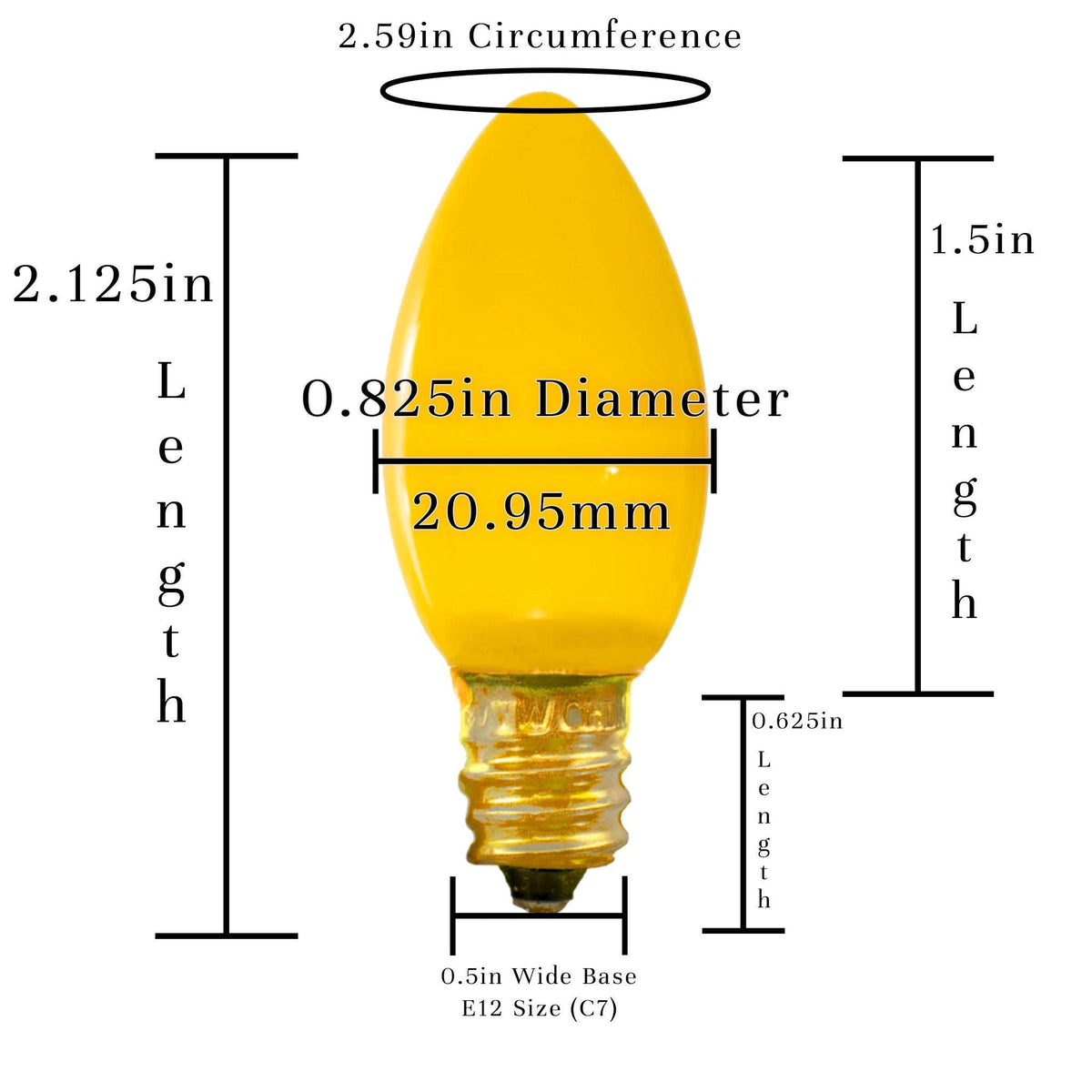 Size of a C7 Candelabra Style Solid Ceramic Multicolor Light Bulb from Lee Display