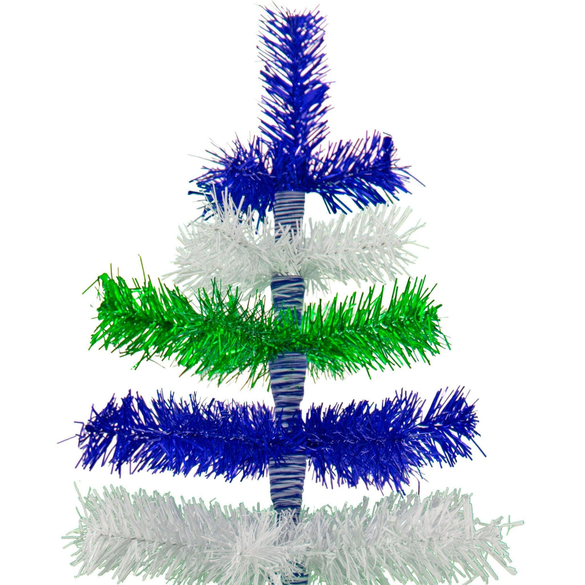 Blue, White, and Green Layered Tinsel Christmas Trees made by hand in the USA.    Decorate for the holidays with retro Earth Day-themed Trees and start creating your centerpiece on sale at leedisplay.com