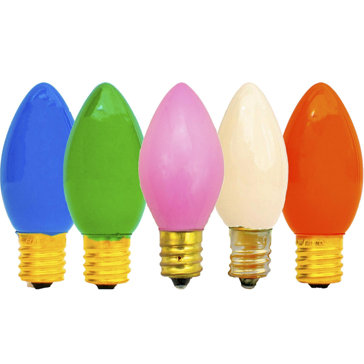 Lee Display's classic C-7 C-9 Candelabra Lights Bulbs in Easter colors for the holiday! Replace those old bulbs with a set of pastel solid colors Blue, Pink, White, Orange and Green. On sale now at leedisplay.com