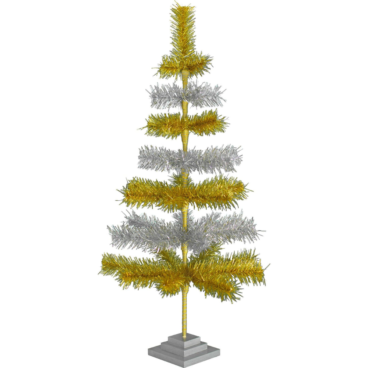36in tall Shiny Gold and Metallic Silver Layered Tinsel Christmas Trees on sale at leedisplay.com