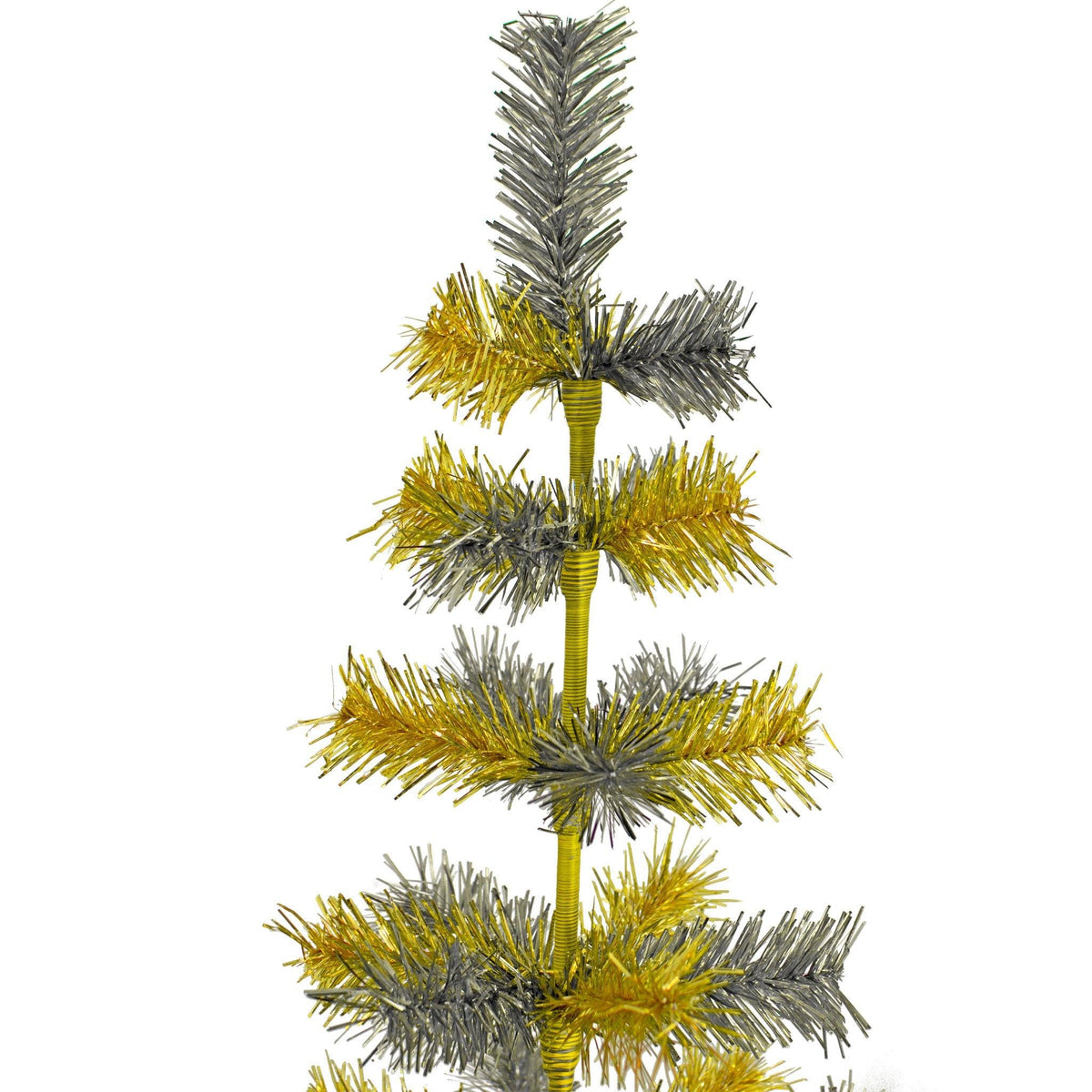 48in Mini Gold and Silver Tinsel brush Christmas Trees have mix colors on each row of branches