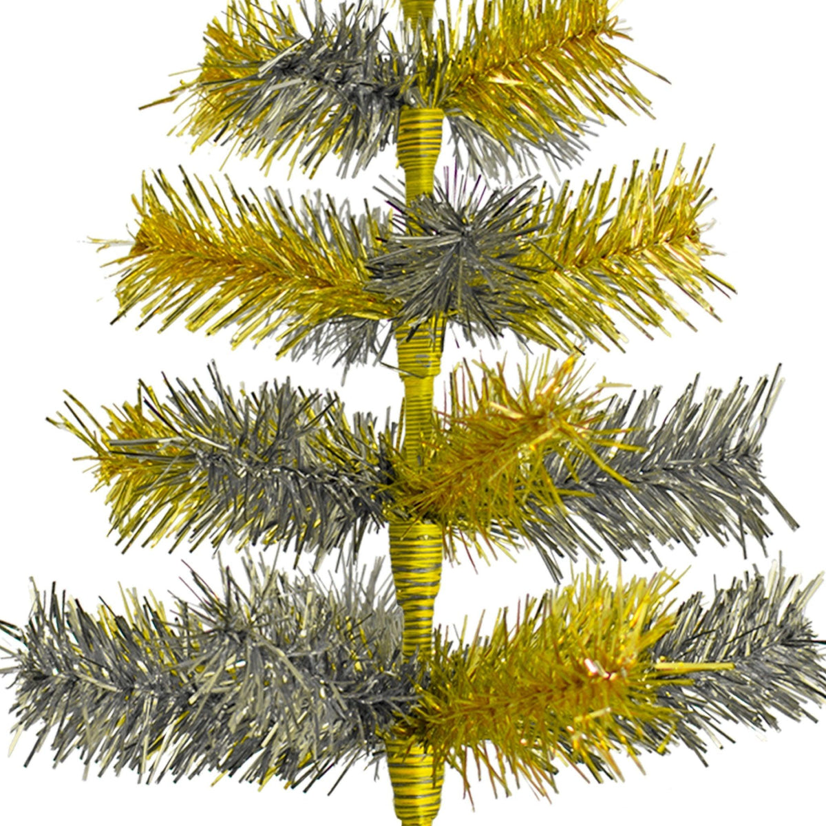 Gold and Silver Tinsel brush Christmas Trees have mix colors on each row of branches