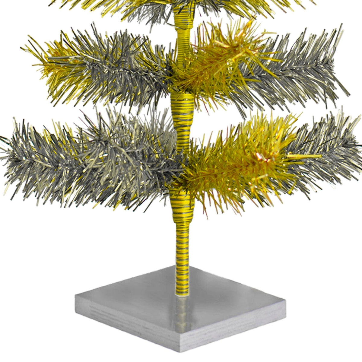 Gold and Silver Mixed Tinsel Brush Christmas Trees come with a silver wooden stand