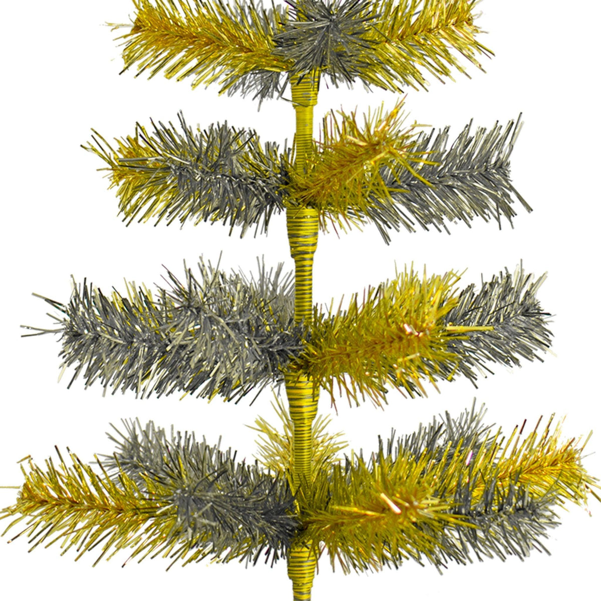 24in Mini Gold and Silver Tinsel brush Christmas Trees have mix colors on each row of branches