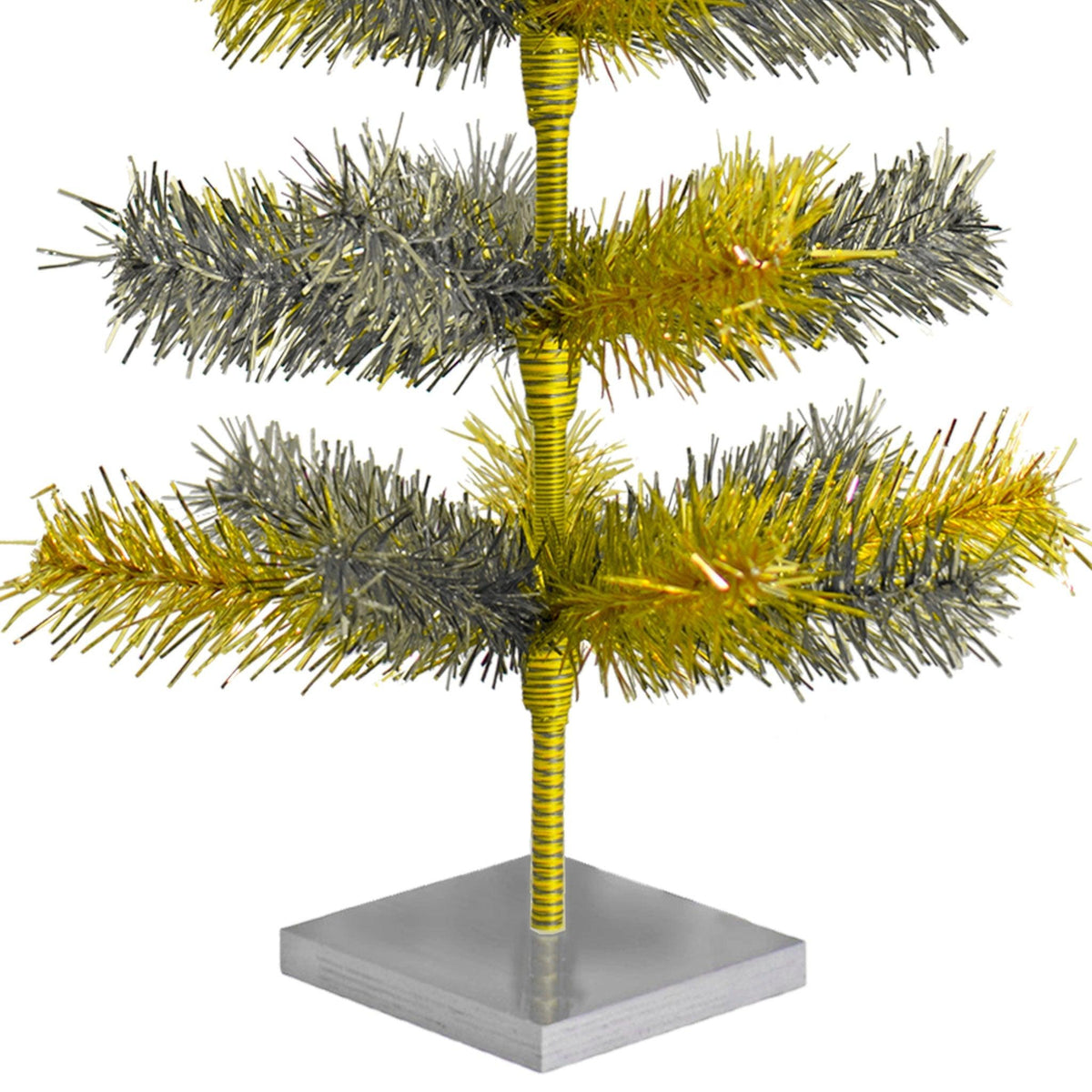 24in tall Gold and Silver Mixed Tinsel Brush Christmas Trees come with a silver wooden stand