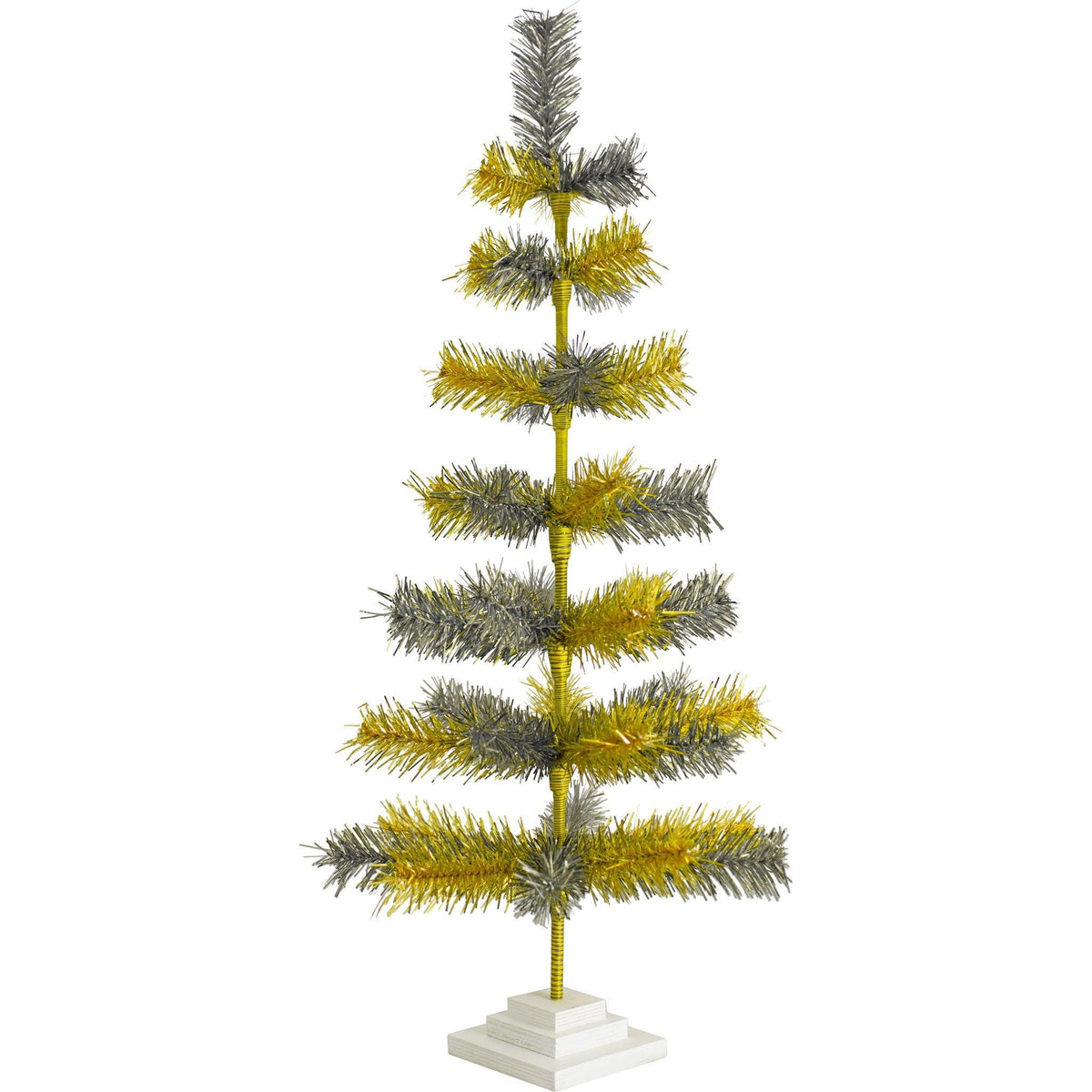 36 inch tall gold and silver multicolor tinsel christmas trees sold at leedisplay.com