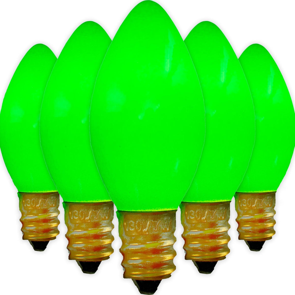 C-7 & C-9 Solid Ceramic Green Christmas Light Bulbs.  Replace your old bulbs with a set of brand new Candelabra Green Lights on sale leedisplay.com