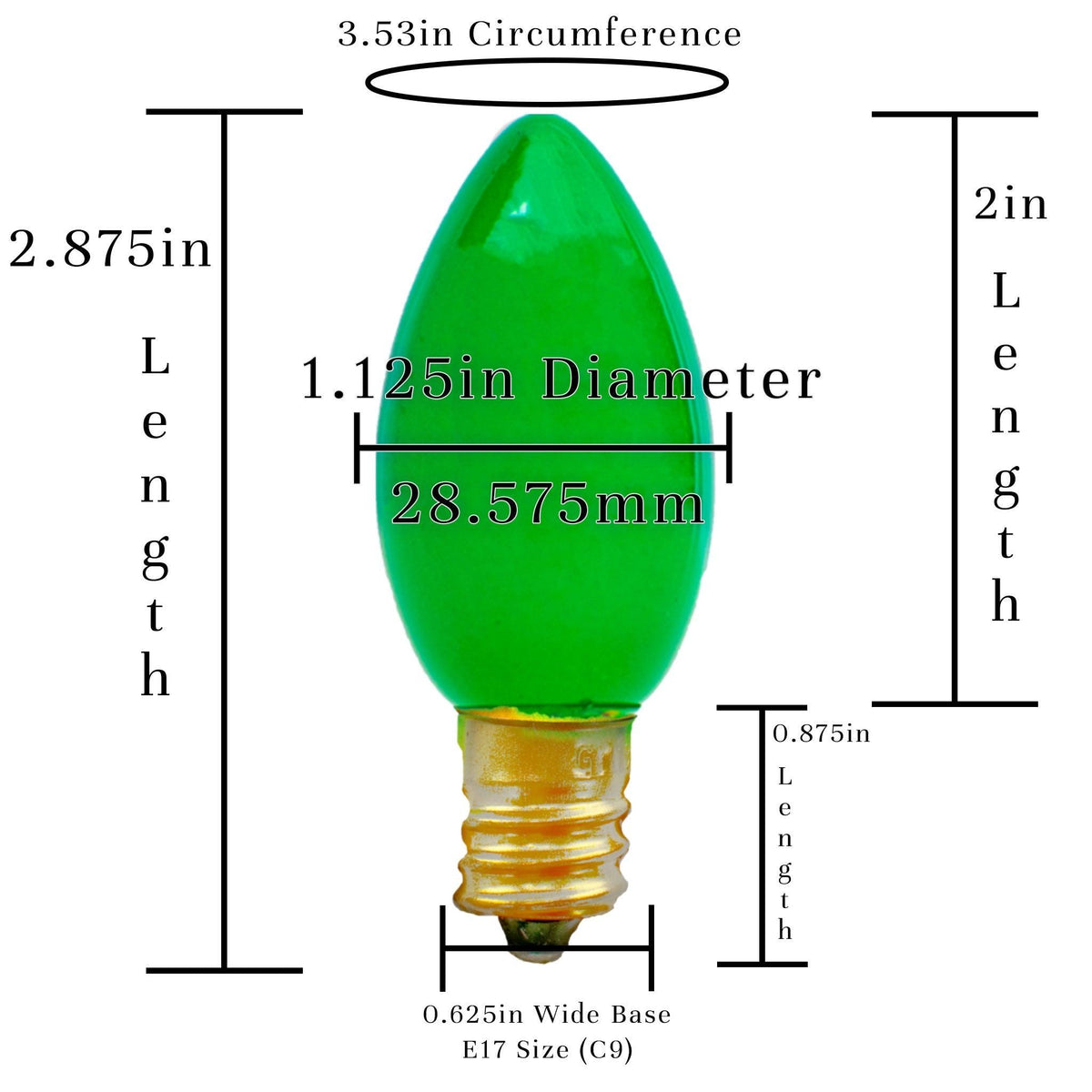 Size of a C9 Light Bulb in Solid Green color.  On sale at leedisplay.com