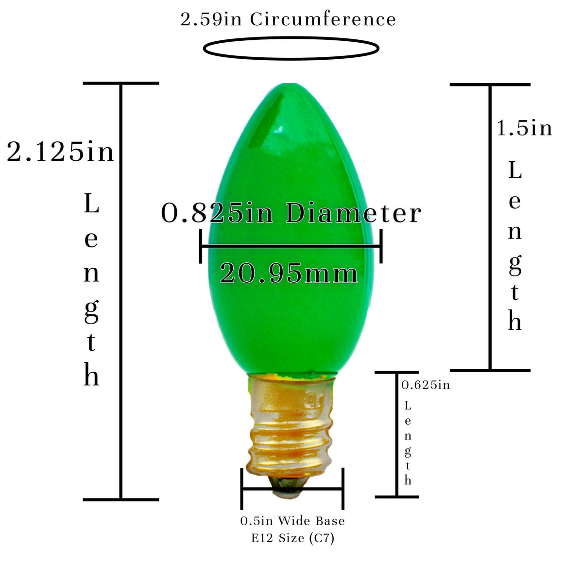 Size of a C7 Light Bulb in Solid Green color.  On sale at leedisplay.com