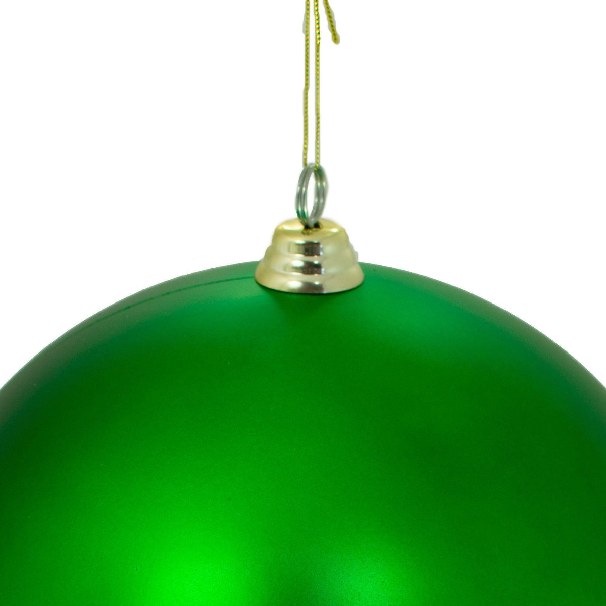 Top of the Matte Green Ball Ornament with a gold plastic cap and string.