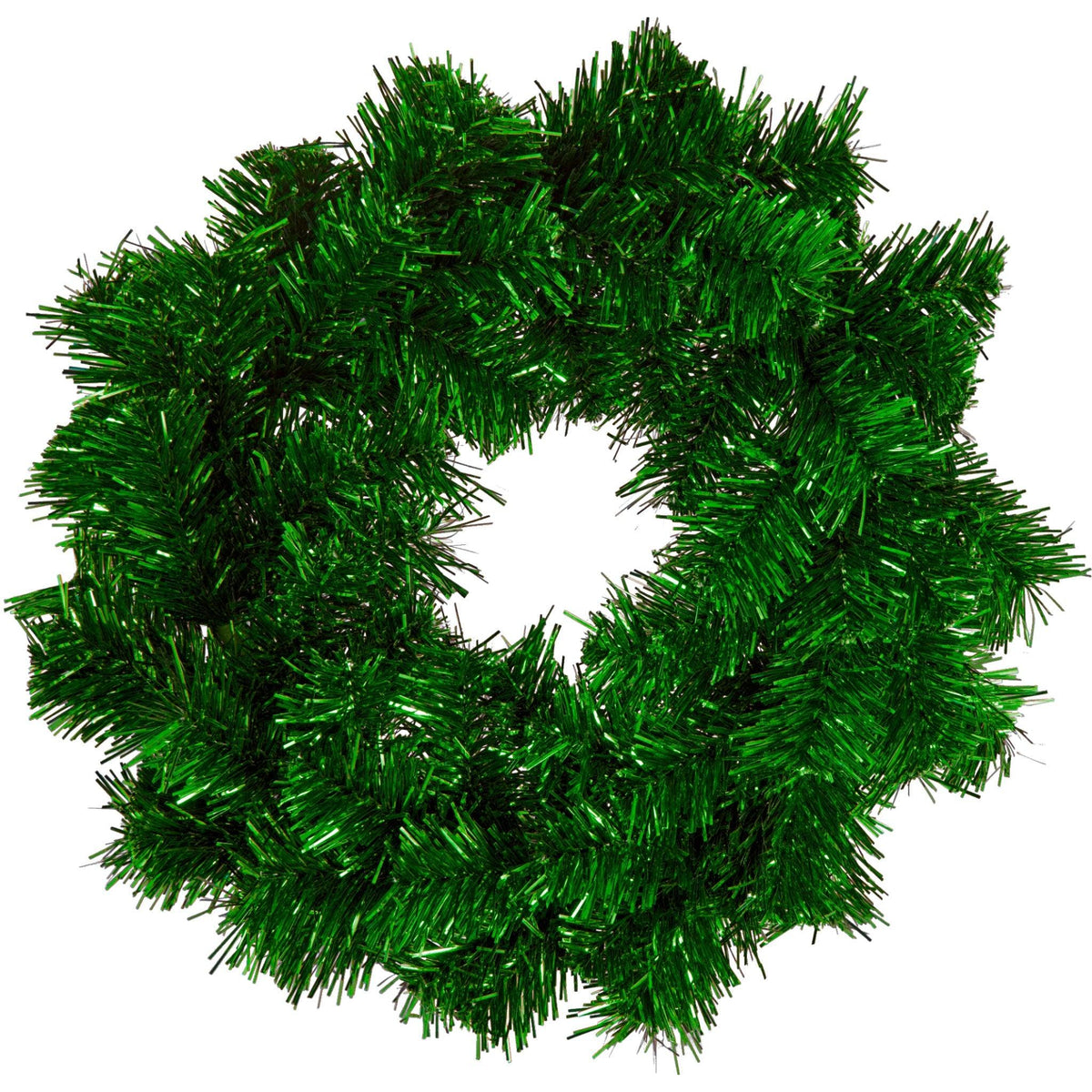 18IN Shiny Metallic Green Tinsel Christmas Wreaths! Decorative 18in Diameter door hanging wreaths made by Lee Display.