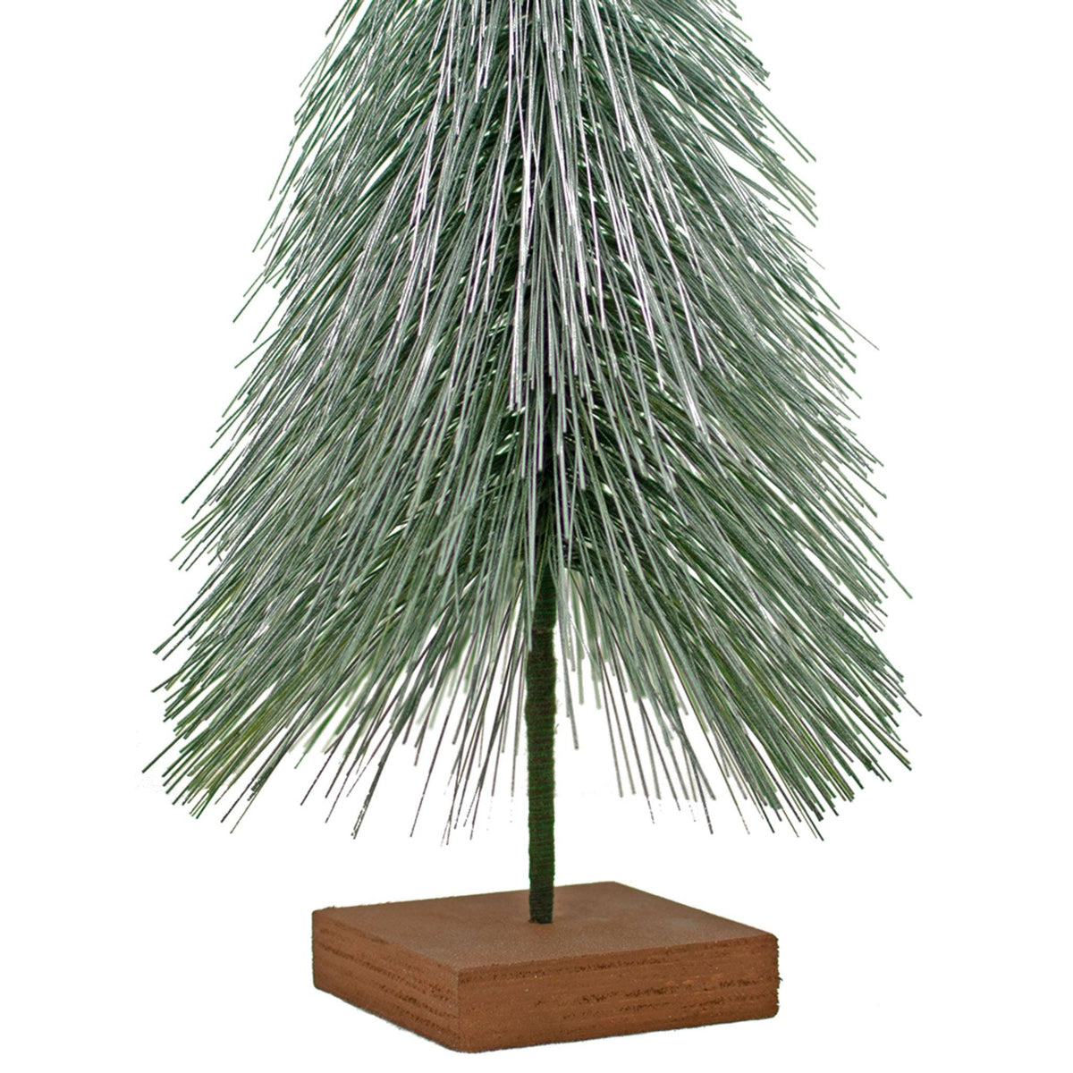 Mini Alpine Green Bottlebrush trees come with a wooden stand painted brown