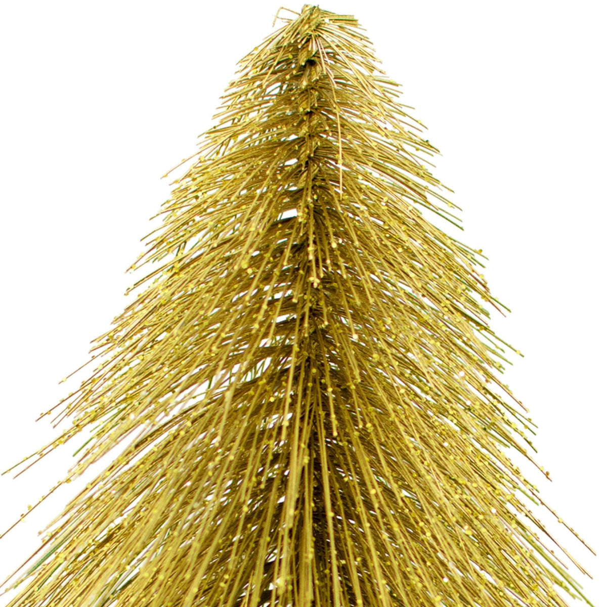 Mini Gold Bottlebrush Christmas Trees are sold at leedisplay.com. Gold trees come with sparkling glitter.