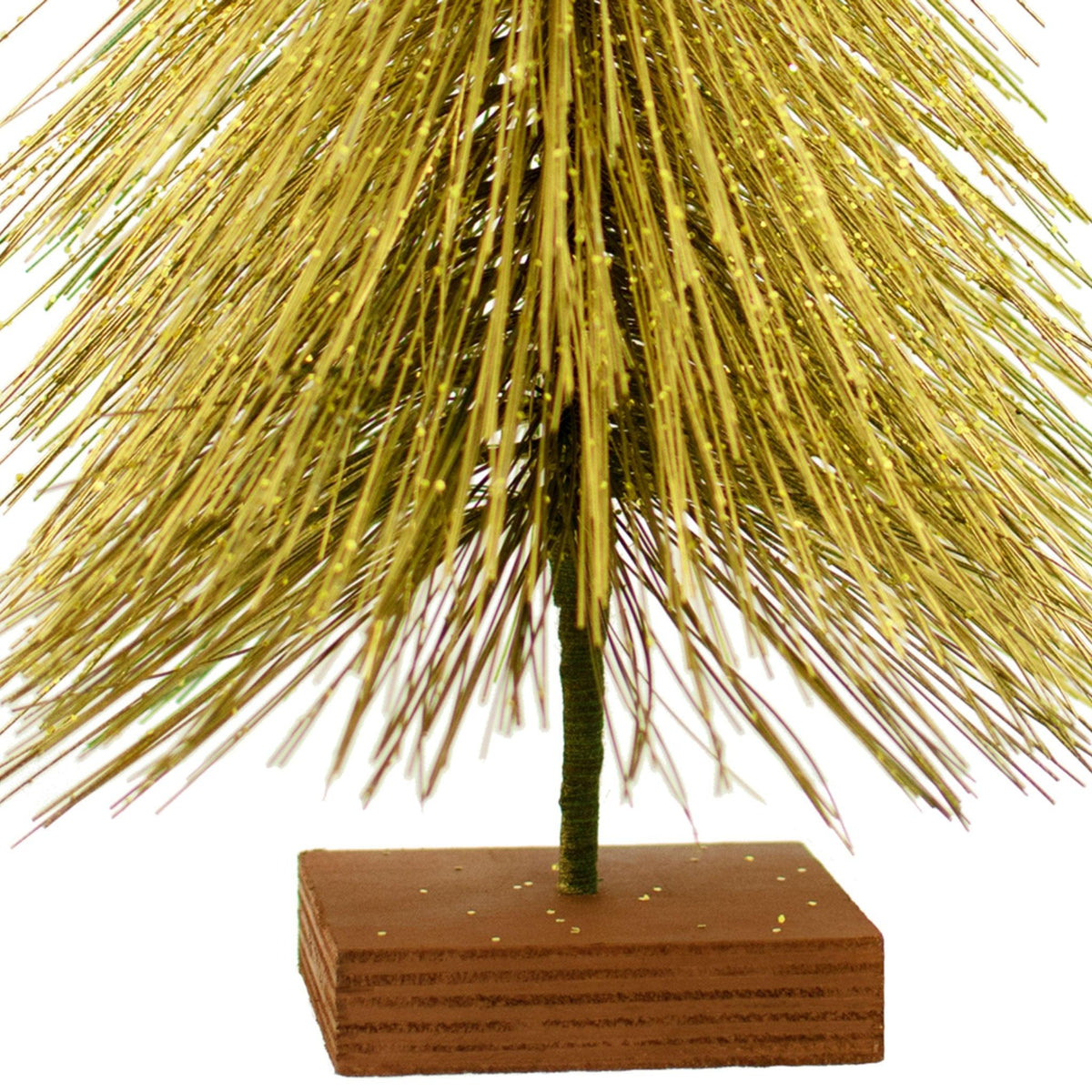 Mini Gold Bottlebrush Christmas Trees are sold at leedisplay.com. Trees are made with a wooden stand painted brown.