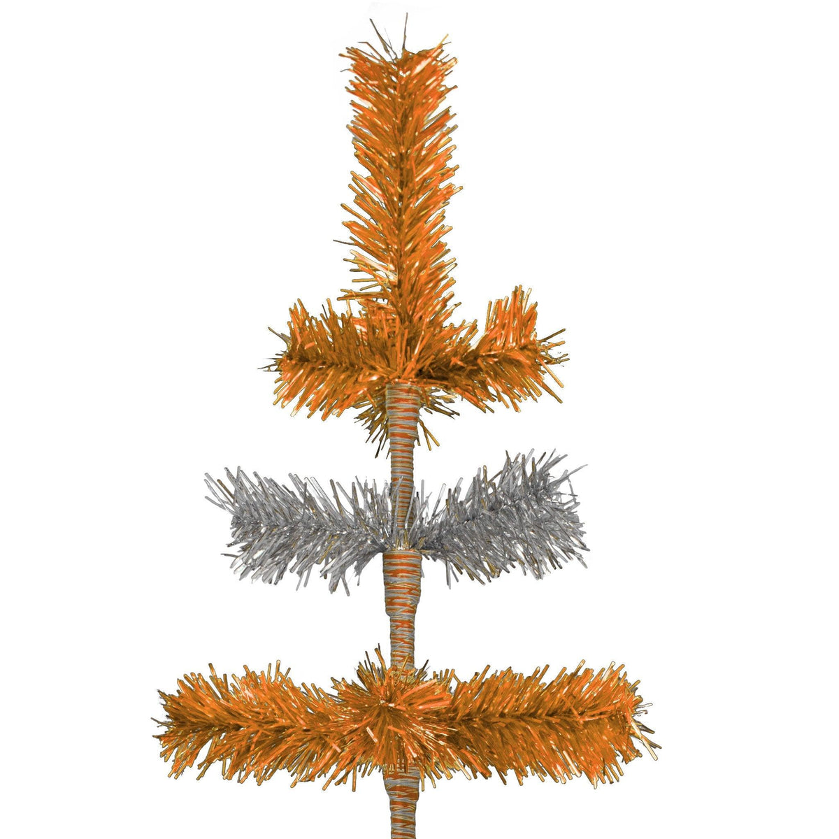 48in Tall Orange & Silver Layered Tinsel Christmas Trees! Decorate for the holidays with a Shiny Orange and Metallic Silver retro-style Christmas Tree. On sale now at leedisplay.com