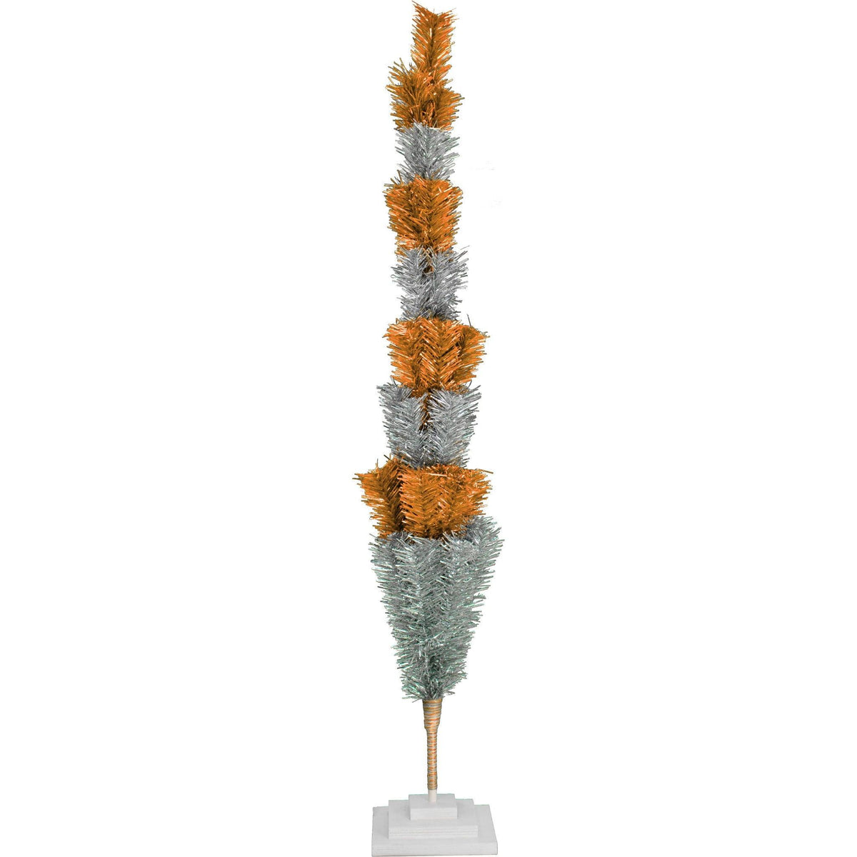 48in Tall Orange & Silver Layered Tinsel Christmas Trees! Decorate for the holidays with a Shiny Orange and Metallic Silver retro-style Christmas Tree. On sale now at leedisplay.com