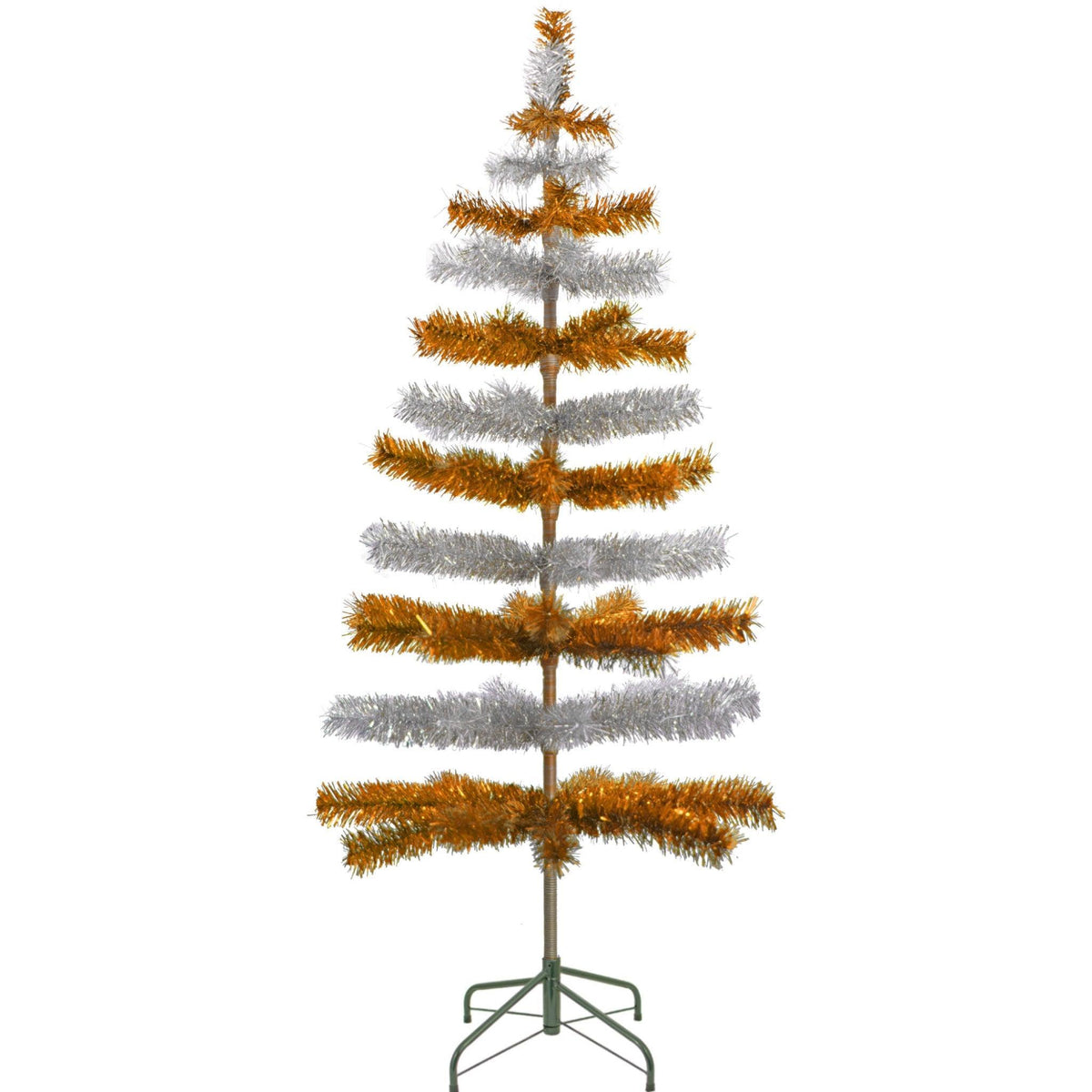 Orange & Silver Layered Tinsel Christmas Trees! Decorate for the holidays with a Shiny Orange and Metallic Silver retro-style Christmas Tree. On sale now at leedisplay.com