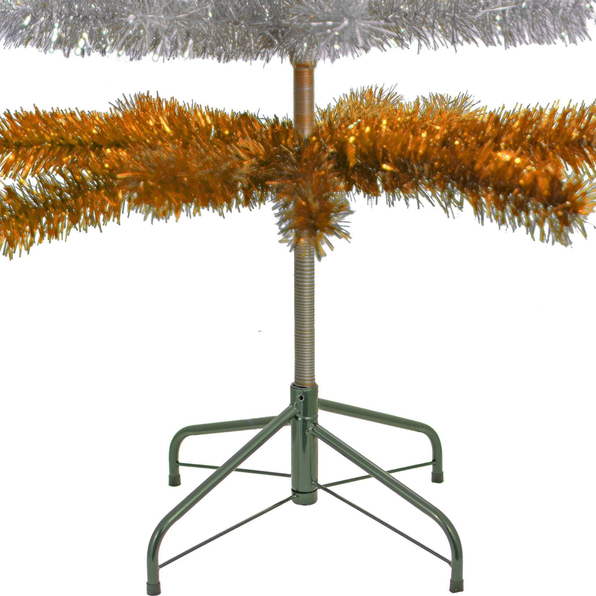 Orange & Silver Layered Tinsel Christmas Trees! Decorate for the holidays with a Shiny Orange and Metallic Silver retro-style Christmas Tree. On sale now at leedisplay.com