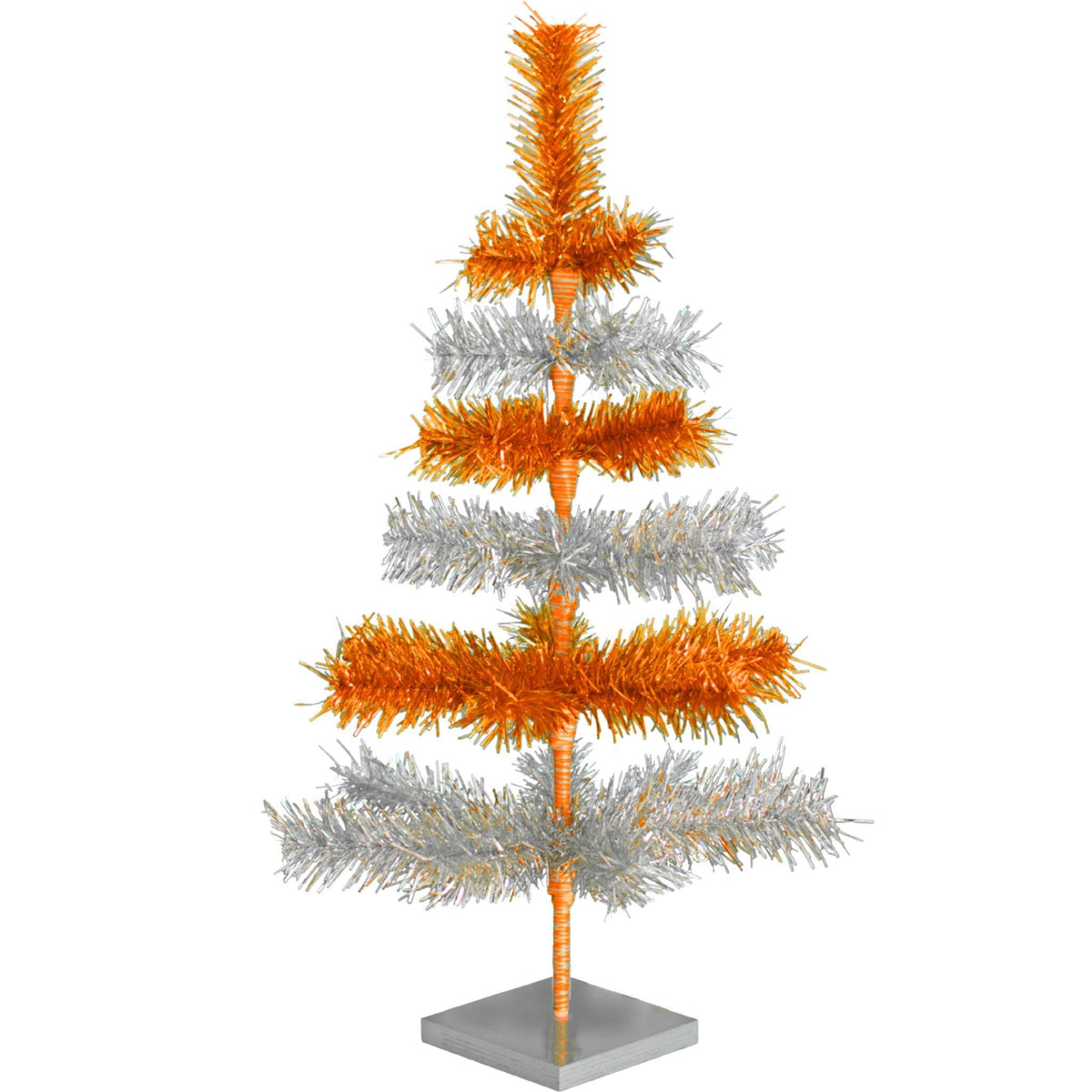 Orange & Silver Layered Tinsel Christmas Trees!    Decorate for the holidays with a Shiny Orange and Metallic Silver retro-style Christmas Tree.  On sale now at leedisplay.com