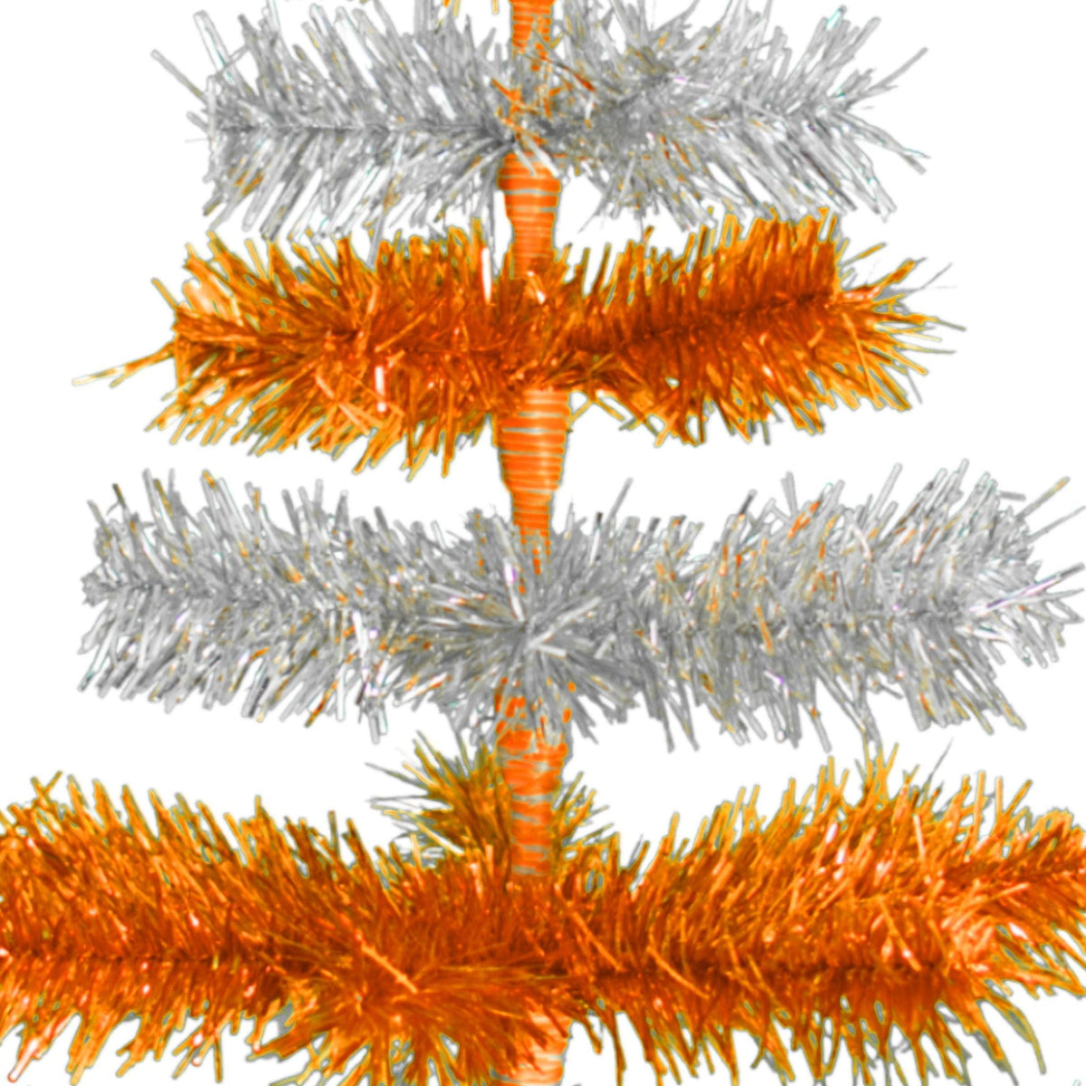 Orange & Silver Layered Tinsel Christmas Trees!    Decorate for the holidays with a Shiny Orange and Metallic Silver retro-style Christmas Tree.  On sale now at leedisplay.com