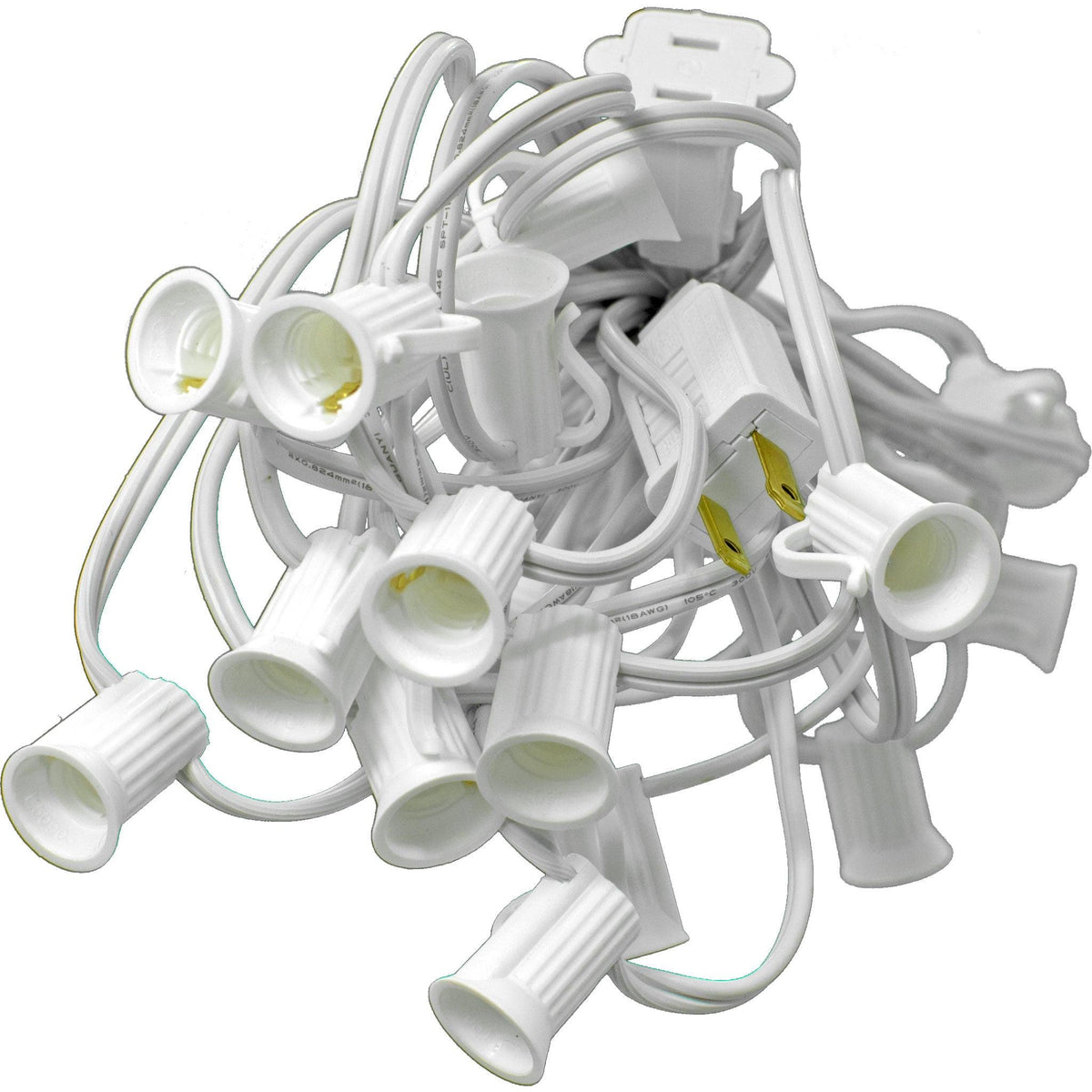 C7 C9 White Wire Patio String Cord for Outdoor Seasonal Temporary Lighting and Christmas Lights with 25 and 50 sockets.