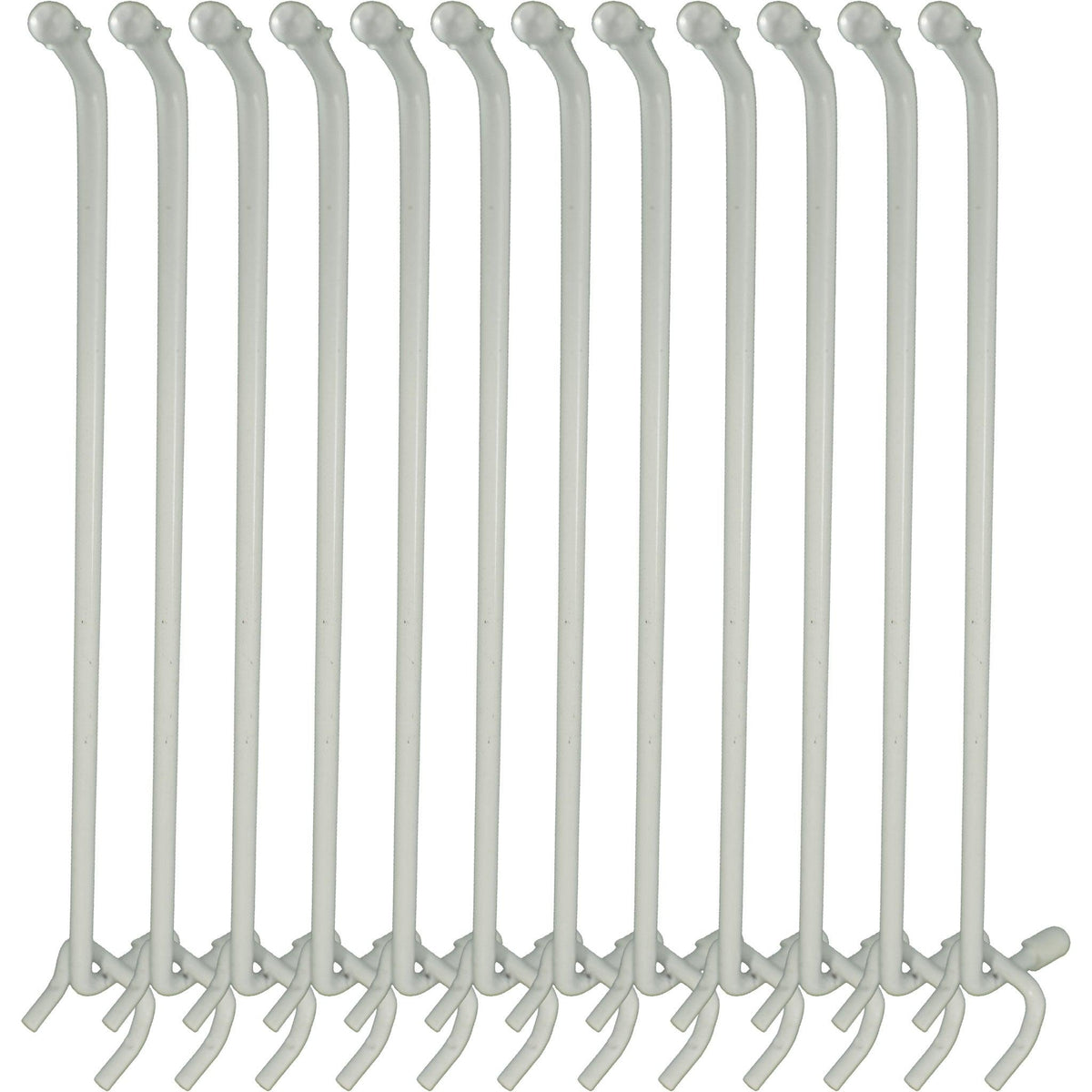 White peg board hooks in 10in straight steel sold in packs of 12