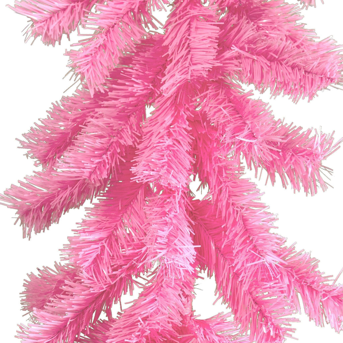 Closeup photo of the pink tinsel brush made on the Pink Brush Garlands at Lee Display.