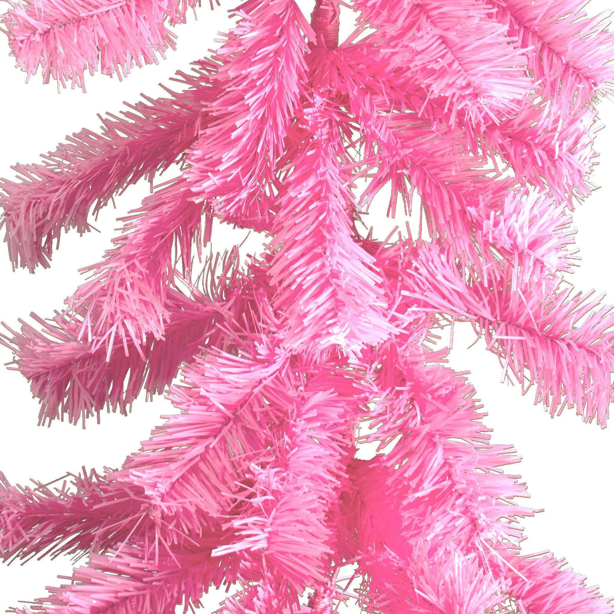 Close up photo of the pink tinsel brush made on the Pink Brush Garlands at Lee Display.