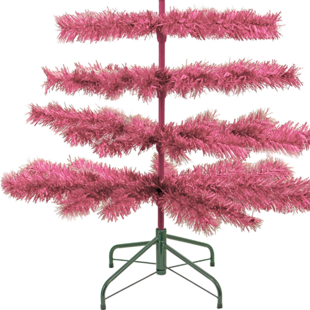 6FT Pink Tinsel Christmas Trees comes with a green metal stand.