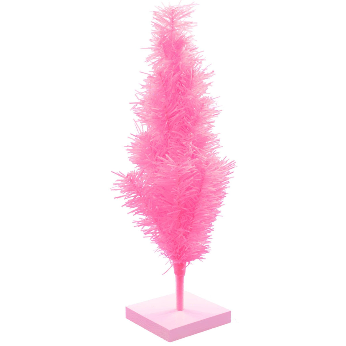 Lee Display's 18in pink tinsel trees are made with wired branches that fold up in any direction for easy storage and styling