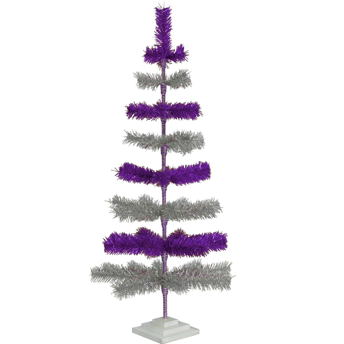 48in Tall Purple & Silver Layered Tinsel Christmas Trees! Decorate for the holidays with a Shiny Purple and Metallic Silver retro-style Christmas Tree. On sale now at leedisplay.com