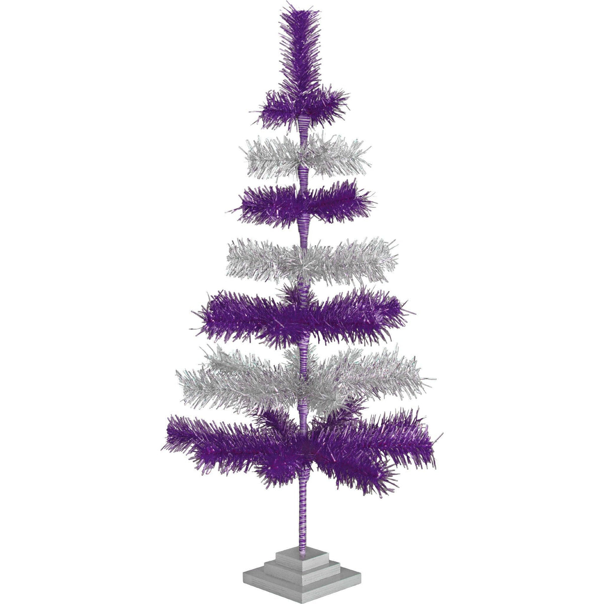 Purple & Silver Layered Tinsel Christmas Trees!    Decorate for the holidays with a Shiny Purple and Metallic Silver retro-style Christmas Tree.  On sale now at leedisplay.com