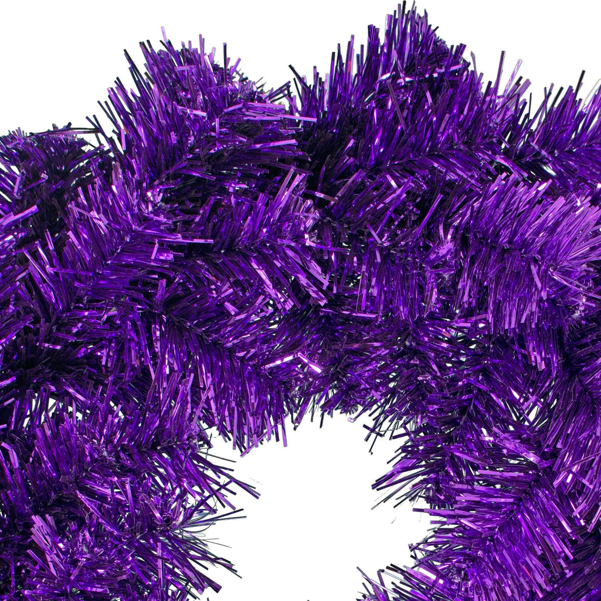 Upclose of the shiny purple tinsel brush.  18in Diameter Purple Tinsel Christmas Wreath on sale at leedisplay.com