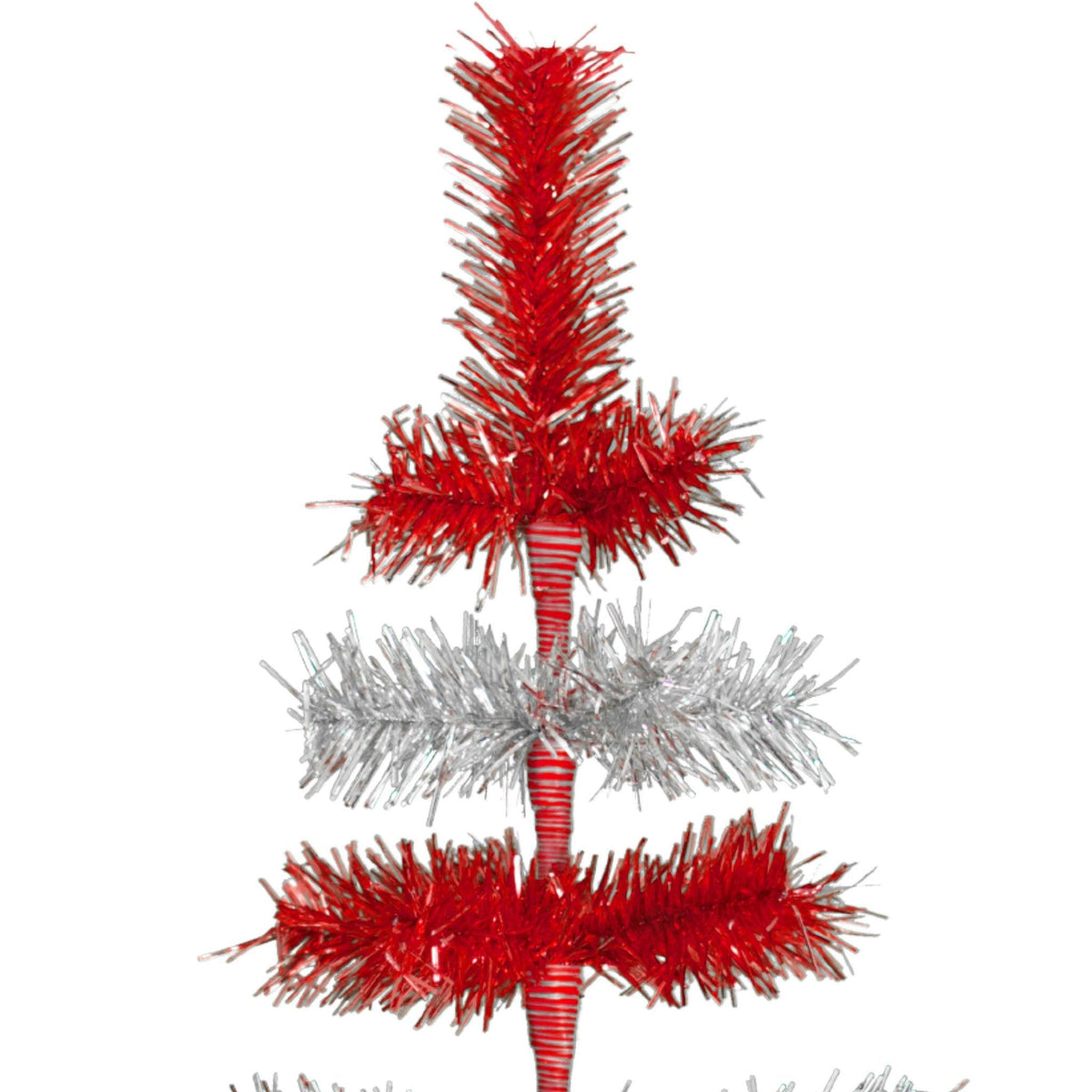 Red & Silver Layered Tinsel Christmas Trees!    Decorate for the holidays with a Shiny Red and Metallic Silver retro-style Christmas Tree.  On sale now at leedisplay.com
