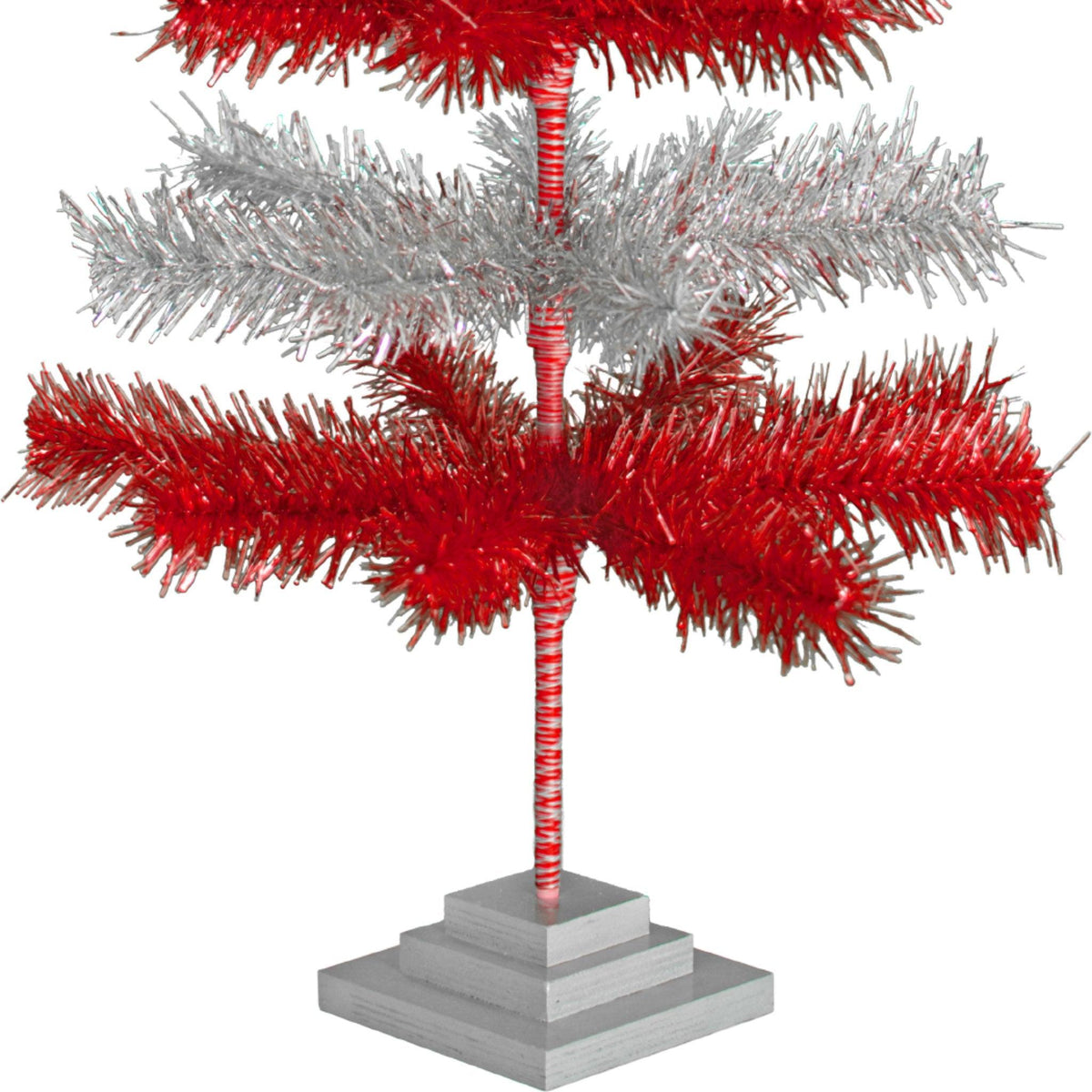 Red & Silver Layered Tinsel Christmas Trees!    Decorate for the holidays with a Shiny Red and Metallic Silver retro-style Christmas Tree.  On sale now at leedisplay.com