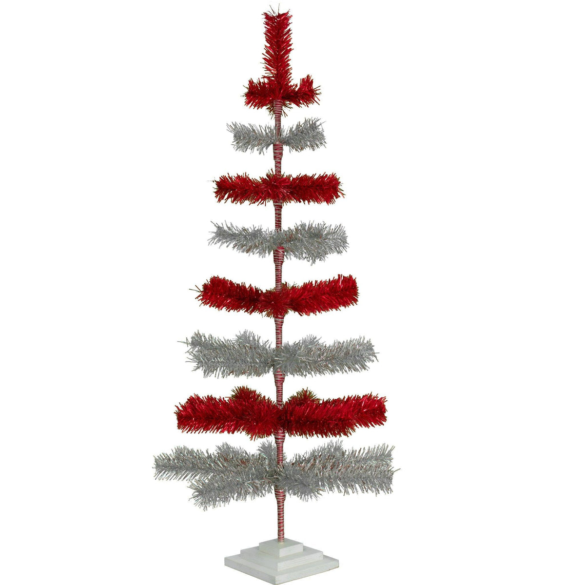 48in Tall Red & Silver Layered Tinsel Christmas Trees! Decorate for the holidays with a Shiny Red and Metallic Silver retro-style Christmas Tree. On sale now at leedisplay.com
