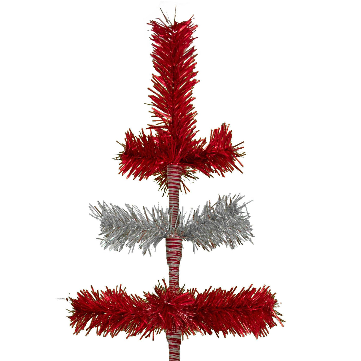 48in Tall Red & Silver Layered Tinsel Christmas Trees! Decorate for the holidays with a Shiny Red and Metallic Silver retro-style Christmas Tree. On sale now at leedisplay.com
